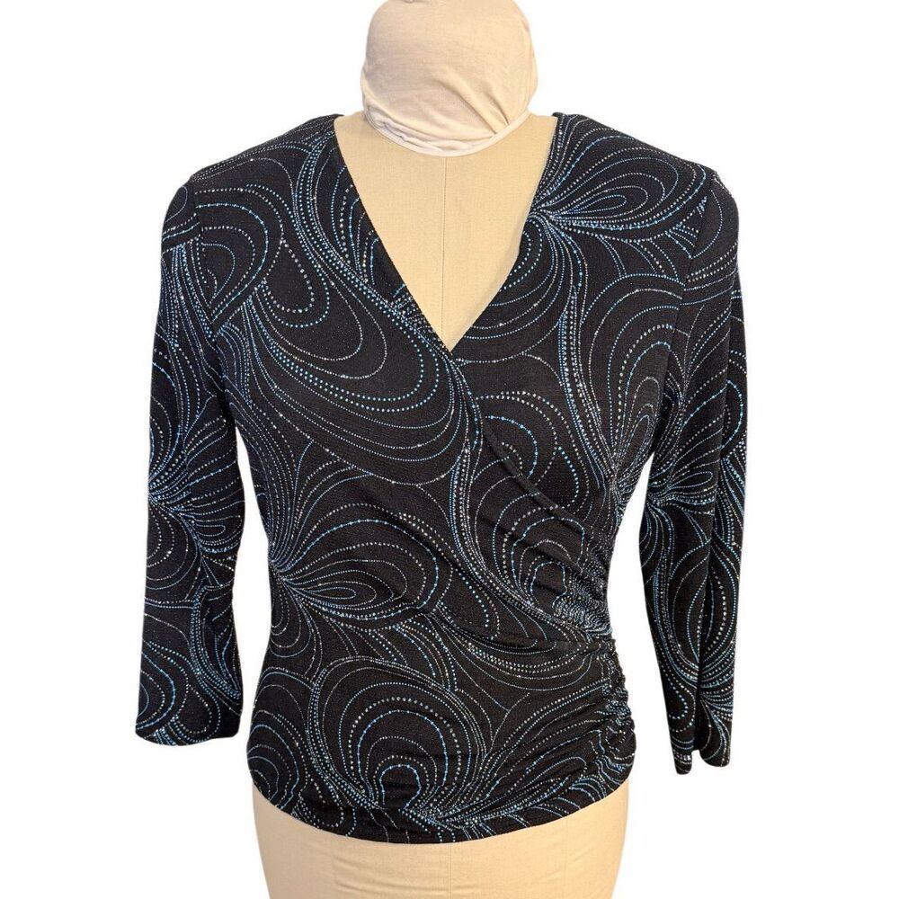 Helene Blake Vintage Black & Blue Glitter Faux Wrap Blouse Large Stretch Occasio